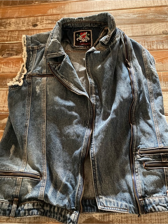 Ed Hardy Tops - Ed Hardy Blue Denim Womens Moto Vest with Zip Details